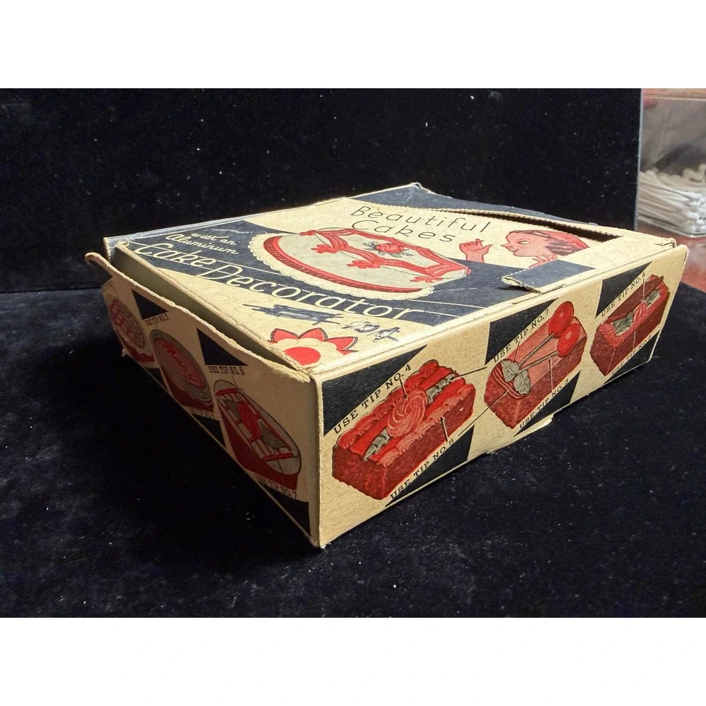 Vintage Aluminum Cake Decorator Set- Icing Syringe, 6 Metal Tips, Original Box